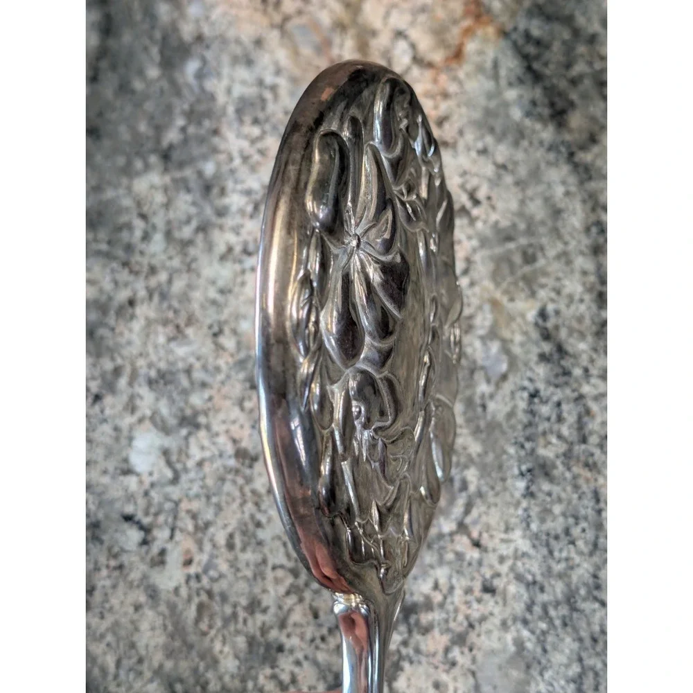 Vintage Antique Art Nouveau Silver Hand Mirror Embossed Flowers  Tiffany ? Heavy